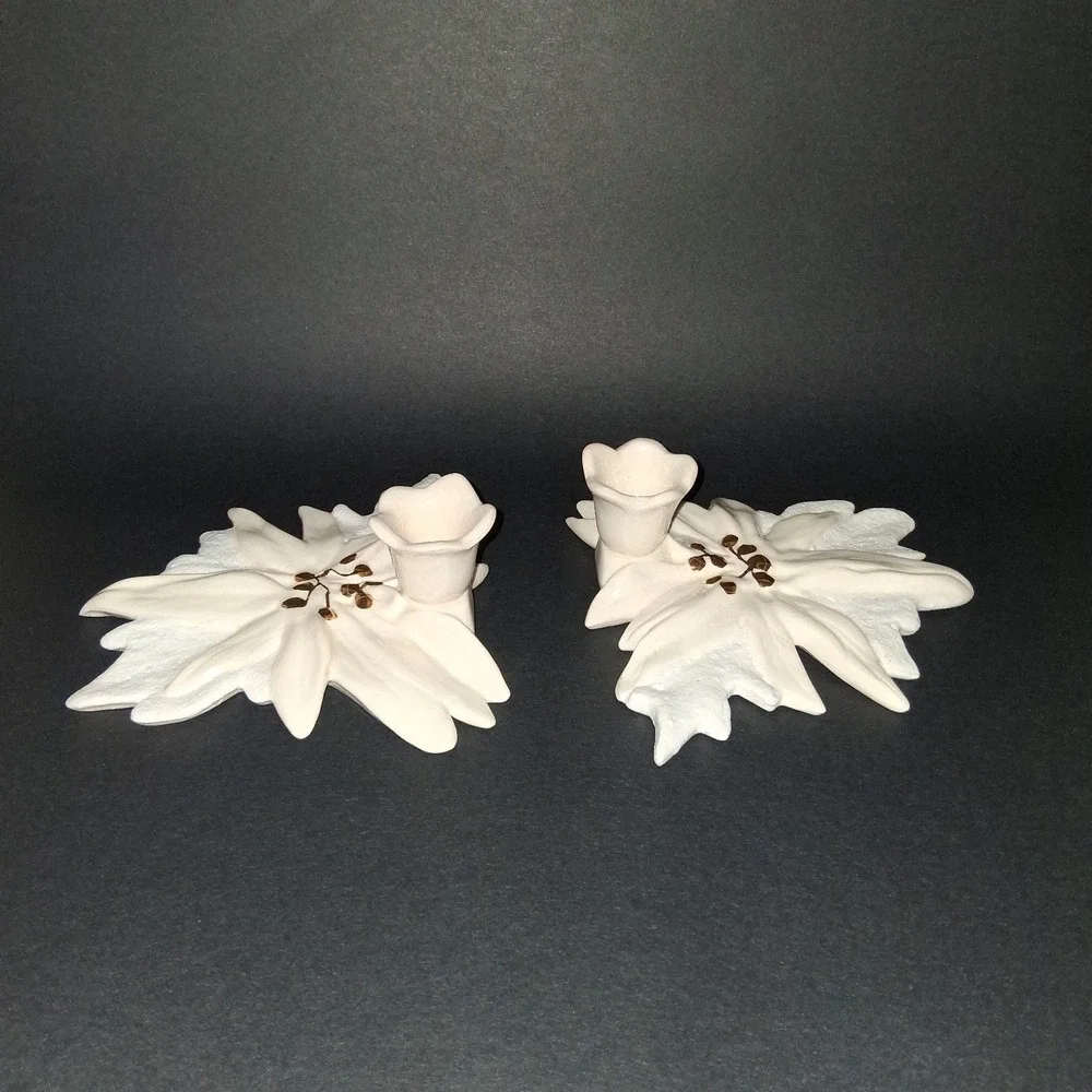 Two Ceramic White‎ Poinsettia Candlestick Holders